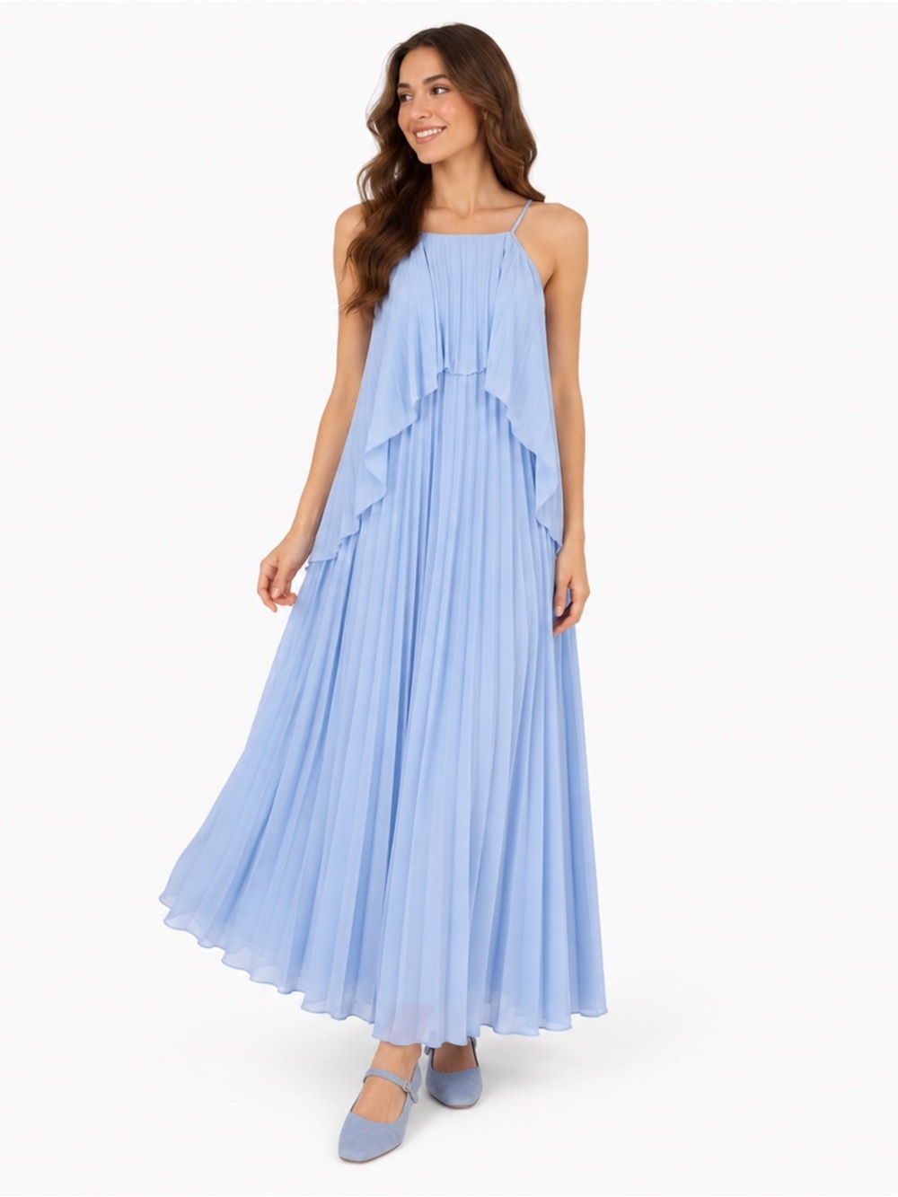 NWT ASOS Light Sky Blue Pleated Maxi Influencer Dress with Cascade Overlay Sz 0